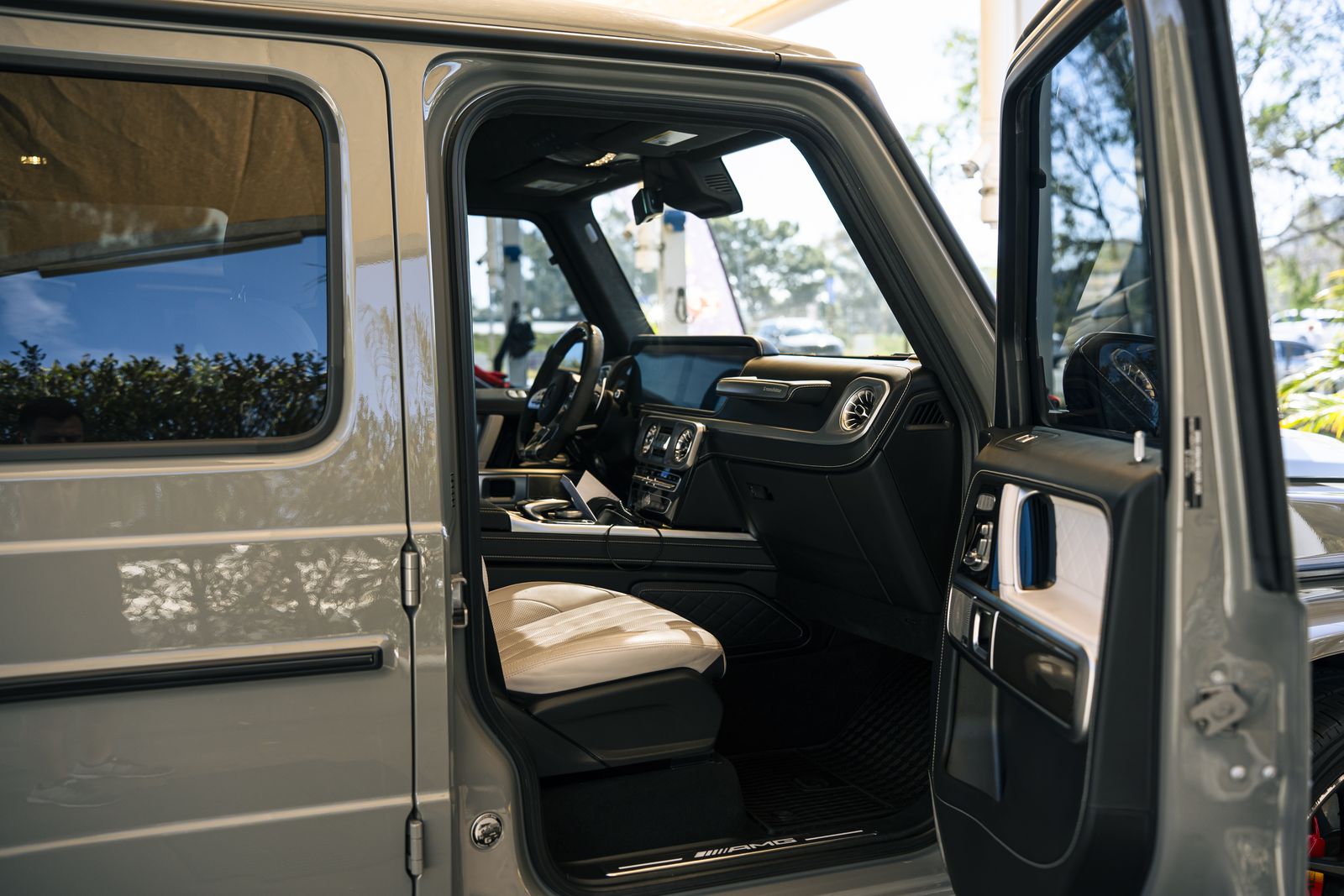 The interior of a Mercedes G-Wagen being cleaned